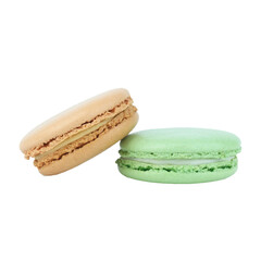 Two stacked macaroons in pastel colors on white background