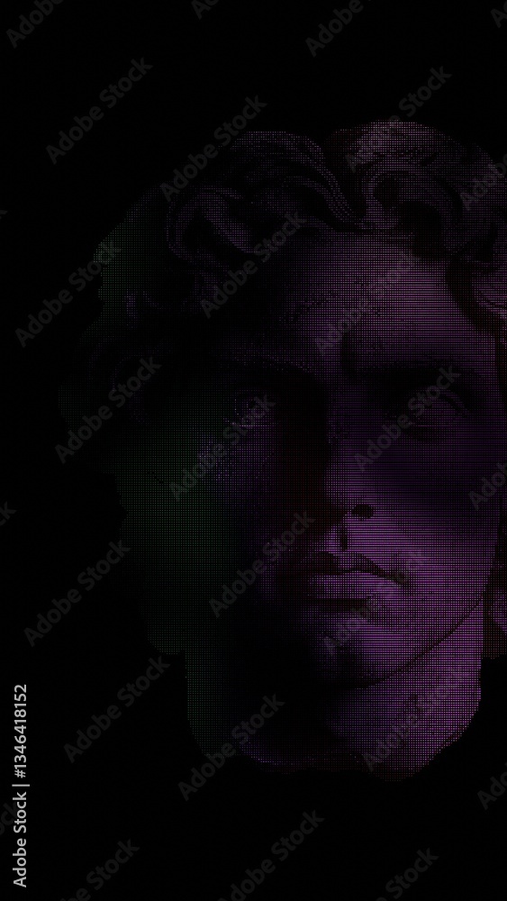 Poster dark, minimalistic face with subtle digital lines and a mysterious, futuristic aesthetic, capturing 