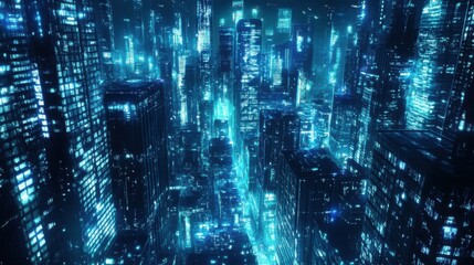 Fototapeta premium A futuristic cityscape with bright and glowing blue lights at night
