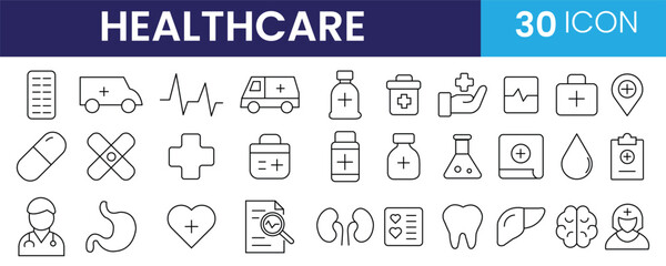 Collection of healthcare line icon. ambulance, heart, doctor, nurse, hospital, clinic, pharmacy, medicine, first aid, blood line icon vector