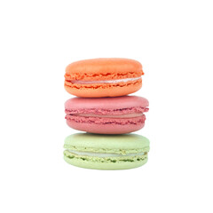 Three stacked colourful macaroons on white background