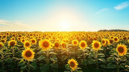 Fototapeta premium A vast field filled with blooming bright yellow sunflowers in sunlight