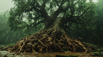 Majestic Ancient Tree with Exposed Roots in Rainy Forest Setting