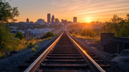 Fototapeta premium Railroad tracks lead towards a distant city skyline at sunset