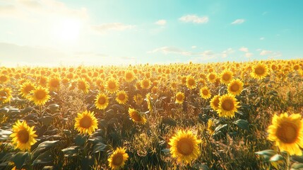 Obraz premium A vast field of blooming sunflowers under a sunny blue sky