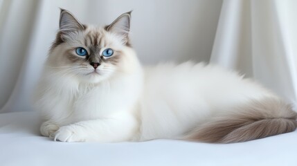 Serene Ragdoll Cat Relaxing on White, Portrait of a Fluffy Feline with Striking Blue Eyes