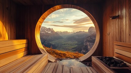 Serene Mountain View from Modern Sauna with Wooden Interior
