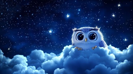 Obraz premium A delightful cartoon owl peers through fluffy clouds under a vivid starry sky. The detailed illustration combines mystery and cuteness, making it ideal for children. AI Generation