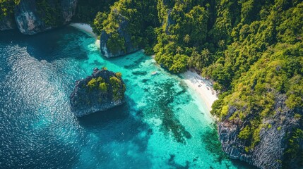 Obraz premium Aerial View of Tropical Beach Surrounded by Lush Green Rainforest
