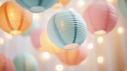 A close-up shot of intricately designed paper lanterns in various pastel hues, glowing gently from within, suspended against a soft