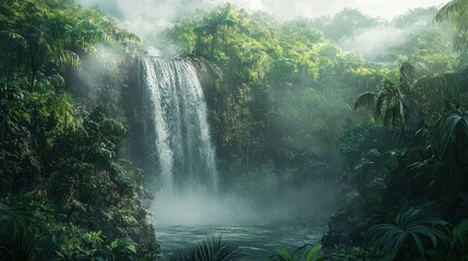 Majestic Waterfall Surrounded by Lush Green Jungle Landscape
