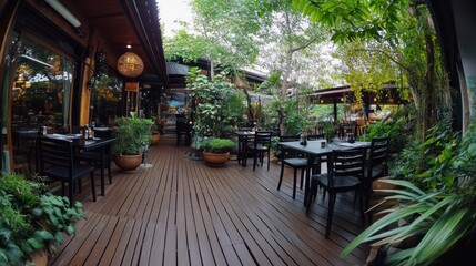 Fototapeta premium Outdoor restaurant patio, lush greenery, wooden deck, peaceful ambiance, photo for travel brochure