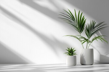 Stylish green plants in modern pots minimalist background indoor decor natural light contemporary living space serenity and calmness enhanced by plain white background with subtle shadow details