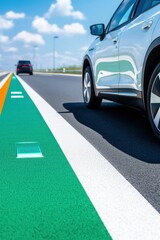 A futuristic highway designed for electric vehicles with wireless charging lanes.