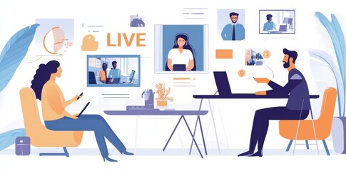 People engaged in a virtual meeting with multiple screens displaying live video and images in a modern workspace