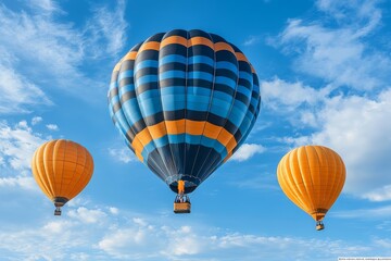 Hot Air Balloon Soaring Skyward with Yellow Balloons Trailing Behind. Cinematic Quality, Ultra-Realistic Scene of Cloudy Skies.