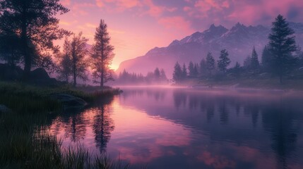 Obraz premium Serene Sunset Reflections Over a Tranquil Mountain Lake Scene