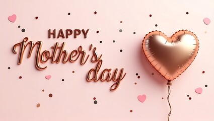 Elegant Mother's Day Greeting with Rose Gold Balloon and Shimmering Confetti on Pink Background