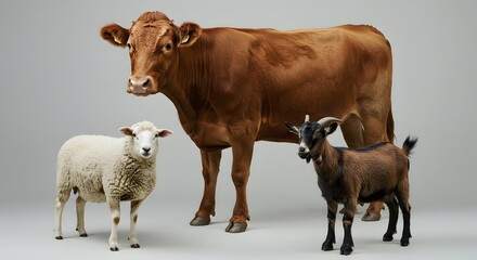 Fototapeta premium Cow Sheep and Goat Standing Together, Farm Animals in Studio Shot
