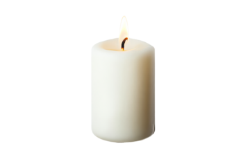 Elegant white candle with glowing flame on transparent background