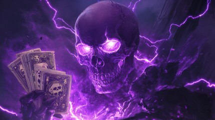 A menacing purple skull with glowing eyes, holding a fan of tarot cards, surrounded by dynamic purple lightning. Ideal for dark, gothic, and mystical designs.. AI Generation