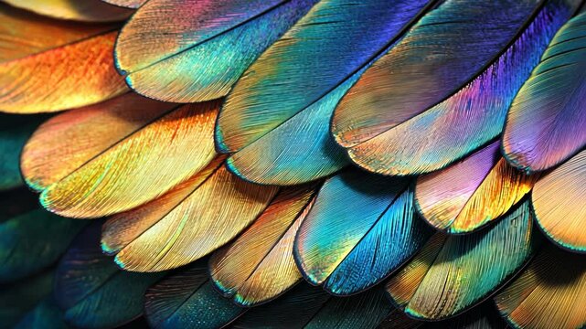 Colorful bird feathers arranged