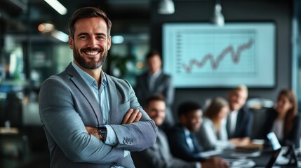 Business meeting in modern office shows confident man smiling while colleagues discuss analytics and growth strategies