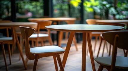 Empty cafe with round tables and light wood chairs, natural light from the window. Nobody, indoor.