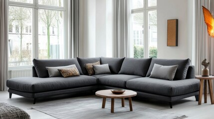 Fototapeta premium Modern living room with grey couch and wooden table, soft light, minimalistic design, blurred background.