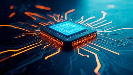 futuristic high-tech chip circuit boards, intelligent equipment electronic components, future digital technology electronic devices. Glowing cpu chip. Generative Ai