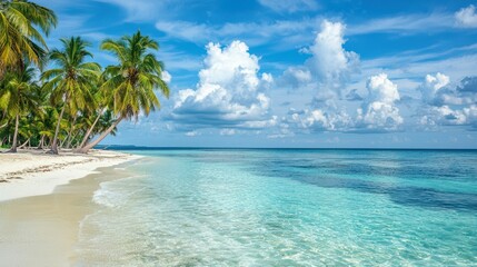 Fototapeta premium Serene Tropical Beach with Palm Trees and Clear Turquoise Water