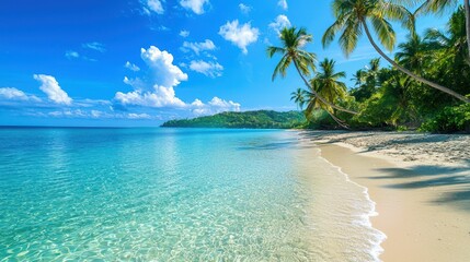 Tranquil Tropical Beach with Clear Blue Water and Lush Palm Trees
