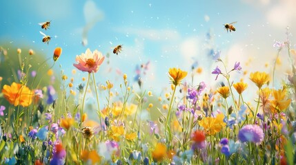 Vibrant Wildflower Meadow with Bees Under a Bright Blue Sky