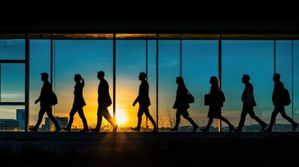 Fototapeta premium Business professionals walk towards the sunset in a modern office environment during early evening hours