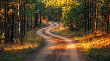Fototapeta premium Winding Road Through Lush Green Forest at Sunset in Autumn Light