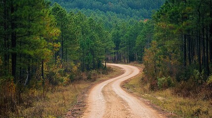 Fototapeta premium Winding Dirt Road Through Lush Green Pine Forest Landscape