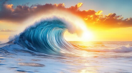 Obraz premium Ocean s Embrace The Perfect Wave At Sunset - Vibrant Blue, Shimmering Light, Bright and Airy