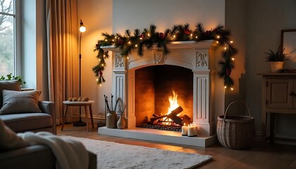 Fototapeta premium A cozy living room with a fireplace and festive decorations