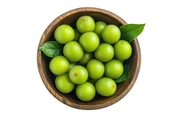 Bright green plums in a wooden bowl with fresh leaves on a transparent background for vibrant food photography