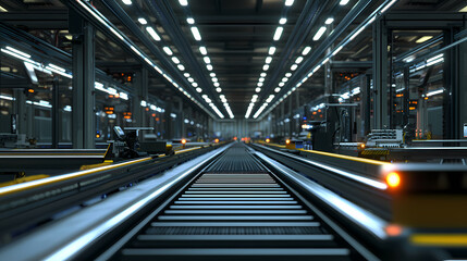 A modern industrial interior showcasing illuminated tracks and machinery in a spacious environment.