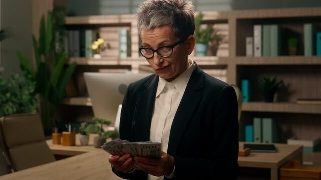 Serious frown dissatisfied Caucasian business woman old businesswoman senior lady mature female retired employer in office counting money cash finance salary count dollars looking at camera smiling