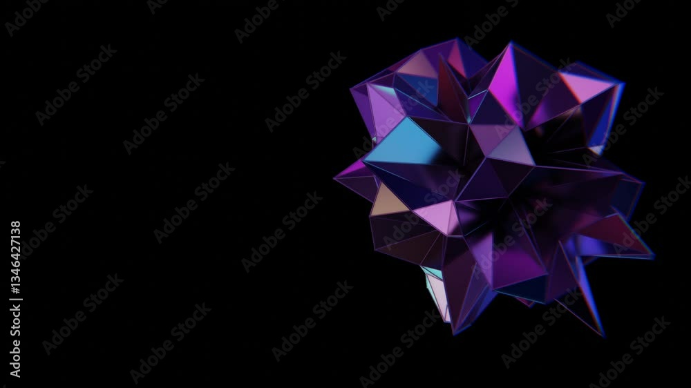 Poster Multi-faceted polyhedron with purple and teal triangles on a black background, reflecting a glossy, futuristic style with geometric angles and a color shift.