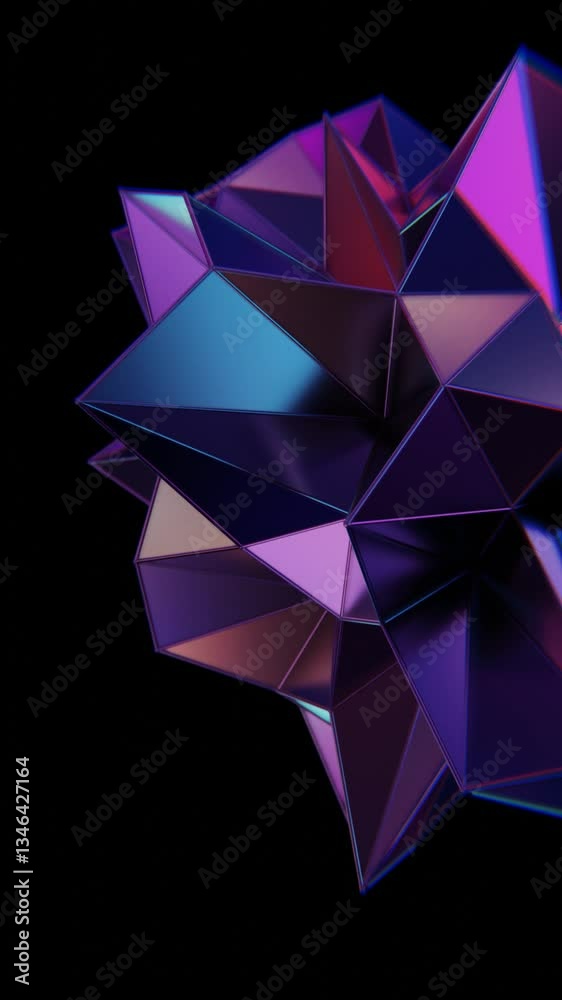 Poster Multi-faceted polyhedron with purple and teal triangles on a black background, reflecting a glossy, futuristic style with geometric angles and a color shift.