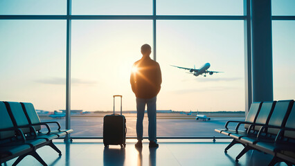 Man with luggage Standing looking at a plane taking off from an airport terminal window at sunset .Travel Concept Insurance. sunshine lens flare. Generative Ai