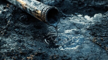 Obraz premium Oil Leakage from Pipe into Dark Muddy Ground at Industrial Site