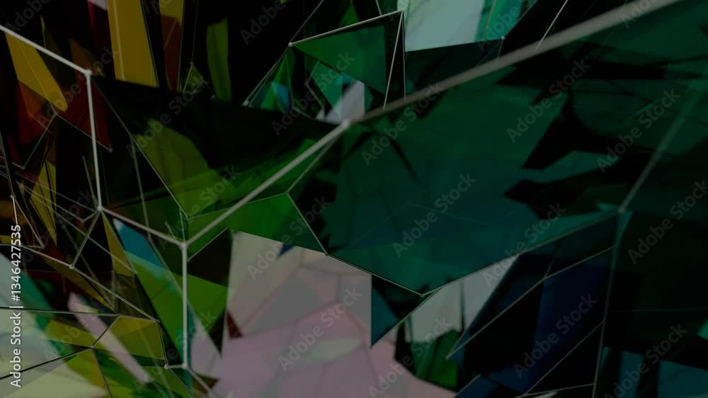 Poster a colorful polygon mesh with pastel tones and wireframe lines, forming a delicate, overlapping geome