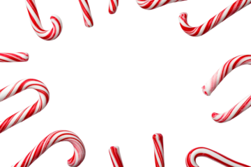 Sweet candy canes arranged in a circle on a transparent backdrop