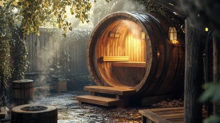 Cozy Wooden Sauna in a Lush Green Outdoor Environment