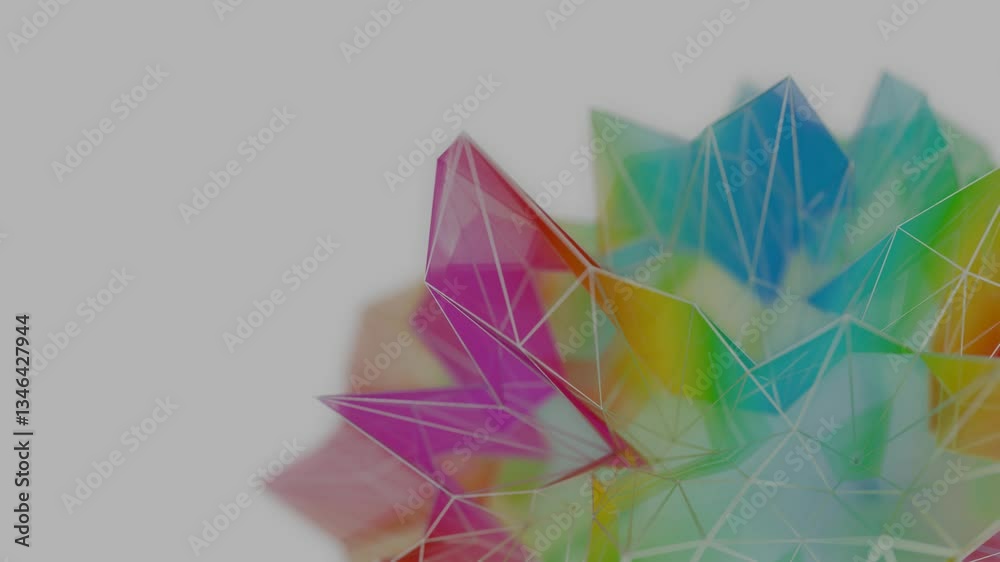 Poster A colorful polygon mesh with pastel tones and wireframe lines, forming a delicate, overlapping geometric composition that creates a modern, futuristic design.
