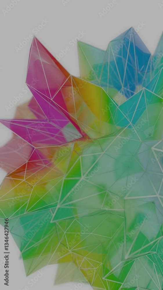 Poster A colorful polygon mesh with pastel tones and wireframe lines, forming a delicate, overlapping geometric composition that creates a modern, futuristic design.